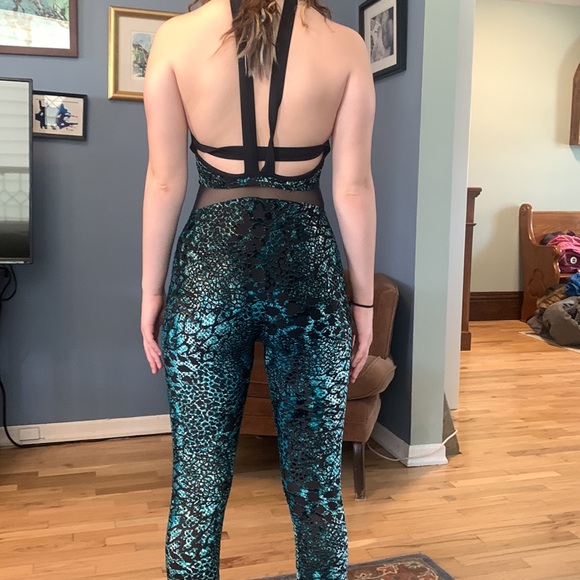 Snake print leotard for solo dance in teal - Picture 2 of 2